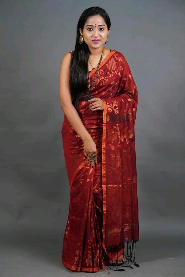Golden Zari Woven Cotton Blend Saree - Bright Red