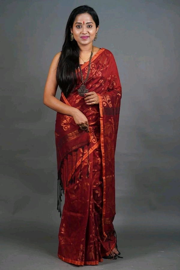 Golden Zari Woven Cotton Blend Saree - Bright Red