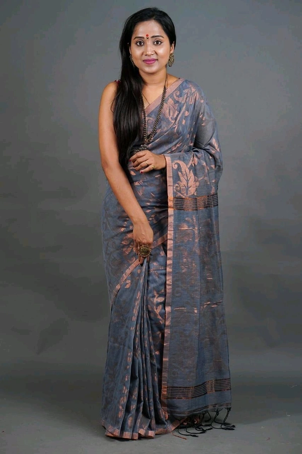 Golden Zari Woven Cotton Blend Saree - Gray