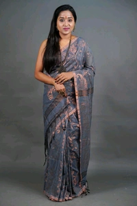Golden Zari Woven Cotton Blend Saree - Gray