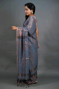 Golden Zari Woven Cotton Blend Saree - Gray
