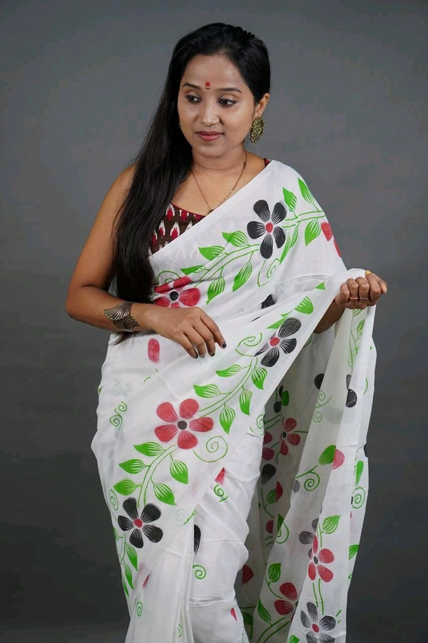 Floral Printed Cotton Saree  - White