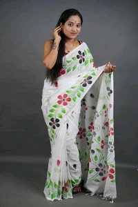 Floral Printed Cotton Saree  - White
