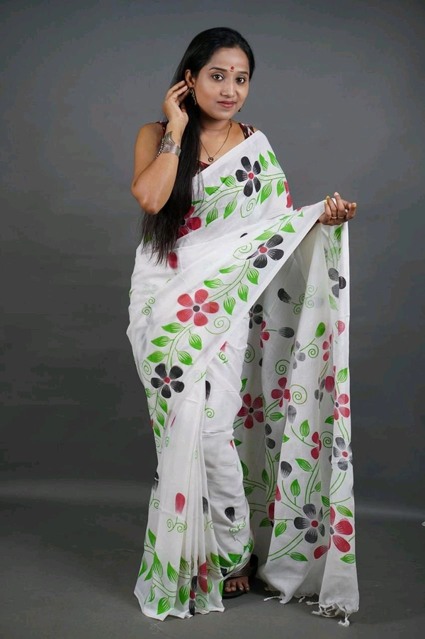 Floral Printed Cotton Saree  - White