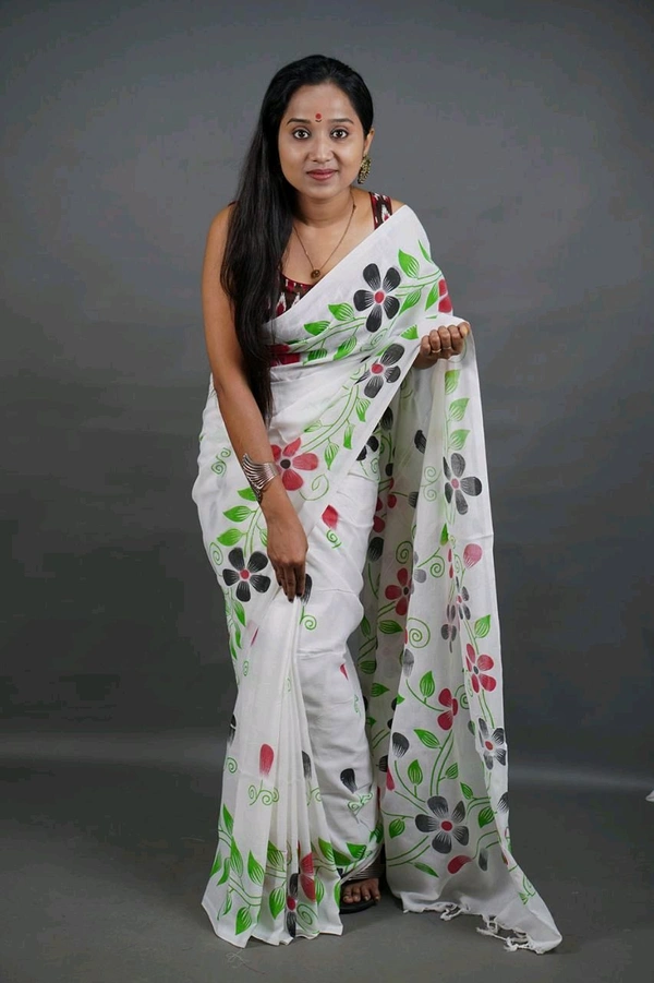 Floral Printed Cotton Saree  - White