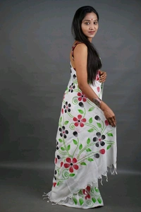Floral Printed Cotton Saree  - White