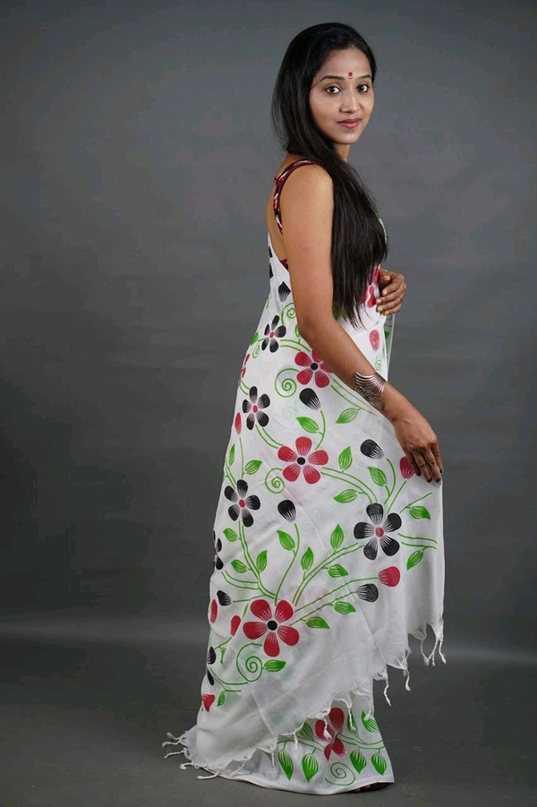 Floral Printed Cotton Saree  - White