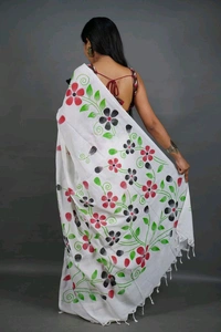 Floral Printed Cotton Saree  - White