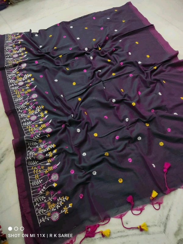 Hand Embroidery Khadi Cotton Saree - Pigment Indigo