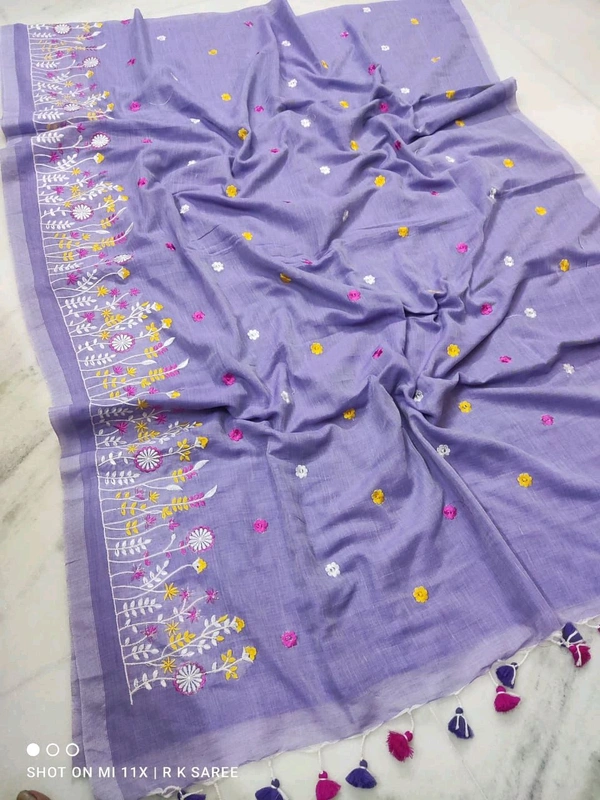 Hand Embroidery Khadi Cotton Saree - Lavender