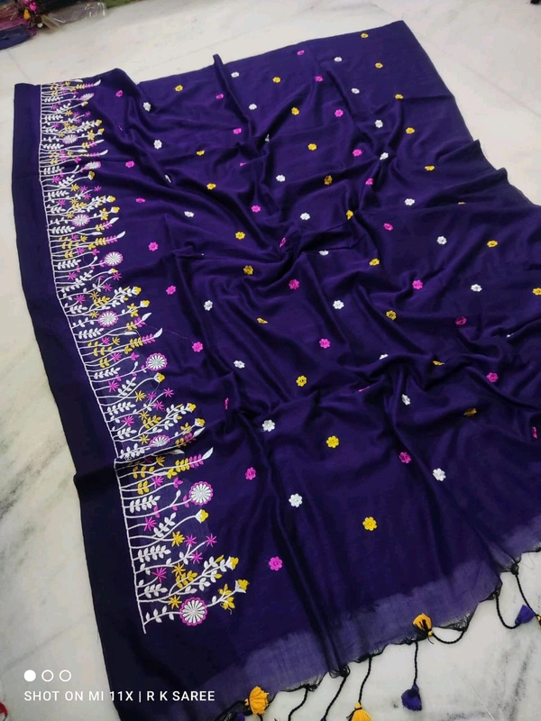 Hand Embroidery Khadi Cotton Saree - Navy Blue