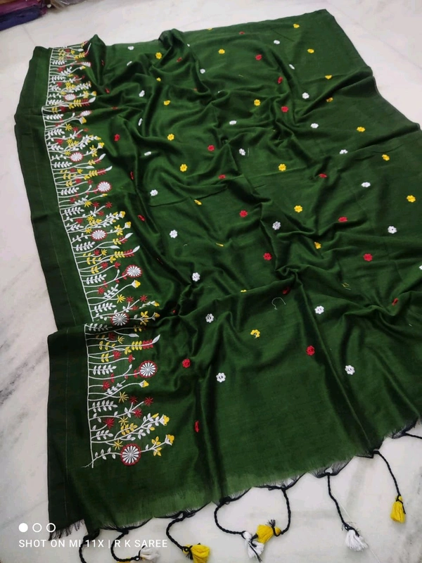 Hand Embroidery Khadi Cotton Saree - Green
