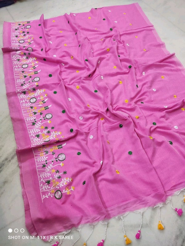 Hand Embroidery Khadi Cotton Saree - Pink