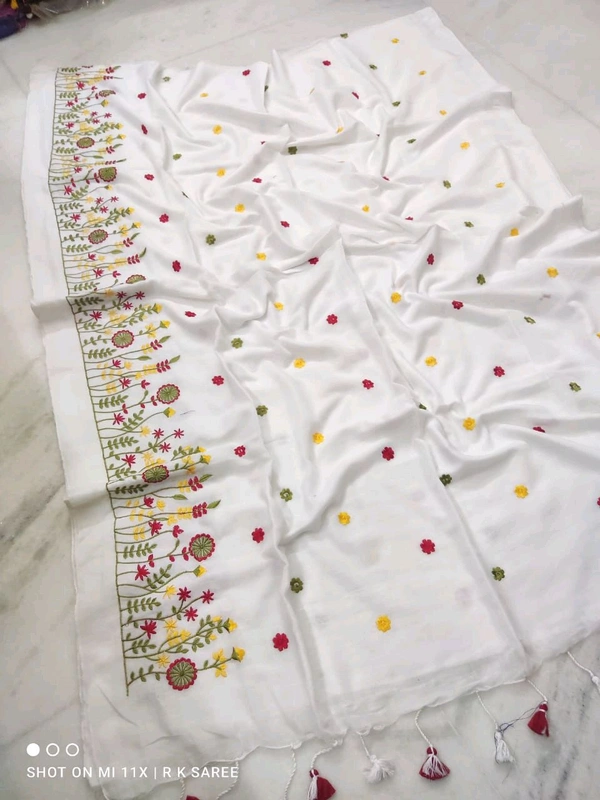 Hand Embroidery Khadi Cotton Saree - White