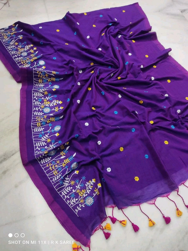 Hand Embroidery Khadi Cotton Saree - Purple