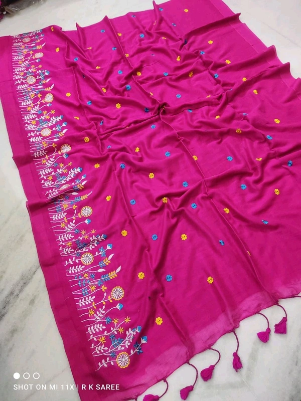 Hand Embroidery Khadi Cotton Saree - Pink Flamingo