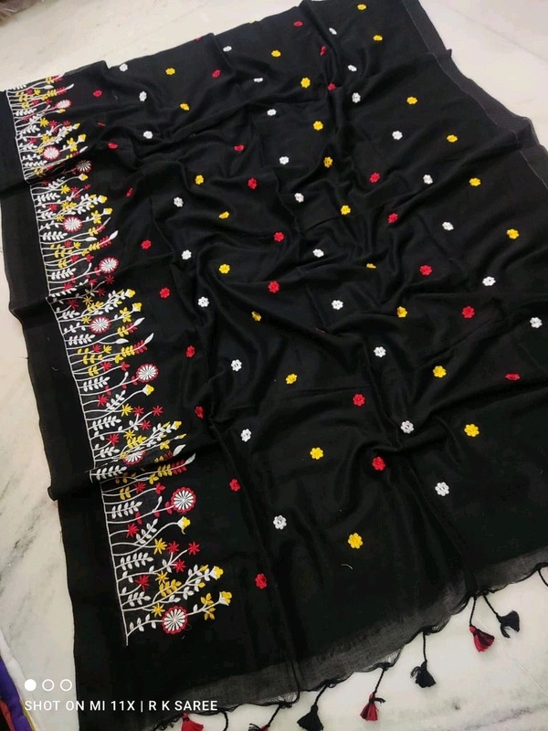 Hand Embroidery Khadi Cotton Saree - Black
