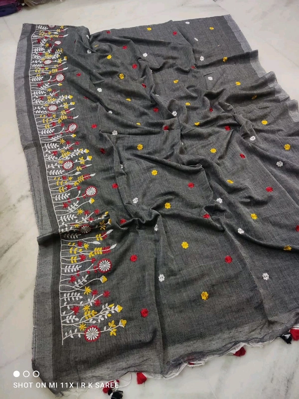 Hand Embroidery Khadi Cotton Saree - Silver
