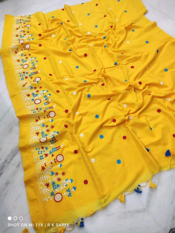 Hand Embroidery Khadi Cotton Saree - Yellow