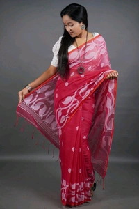 Jamdani Work Cotton Blend Saree  - Red
