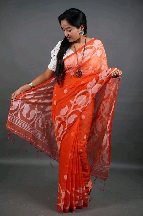 Jamdani Work Cotton Blend Saree  - Orange