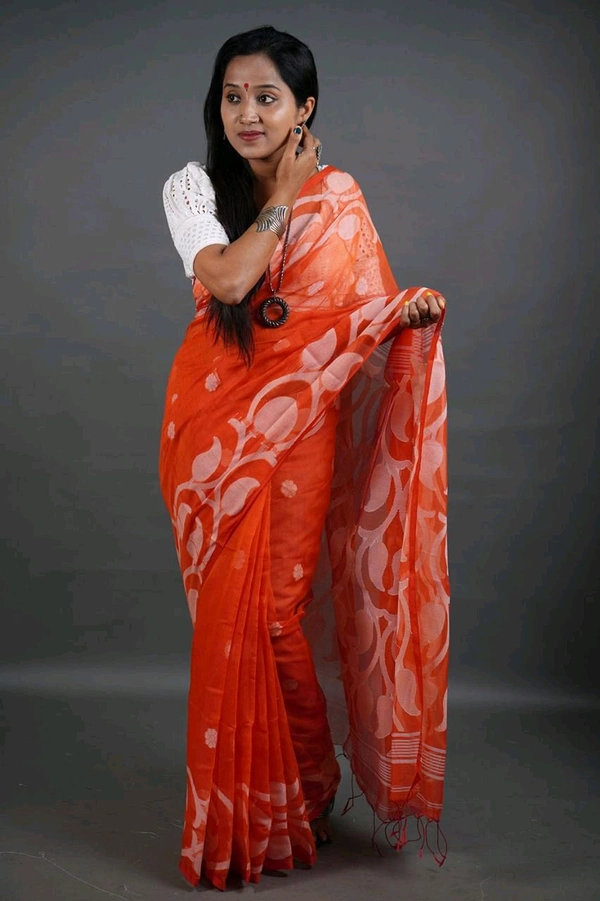 Jamdani Work Cotton Blend Saree  - Orange