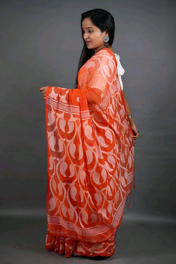 Jamdani Work Cotton Blend Saree  - Orange