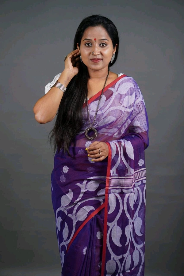 Jamdani Work Cotton Blend Saree  - Purple