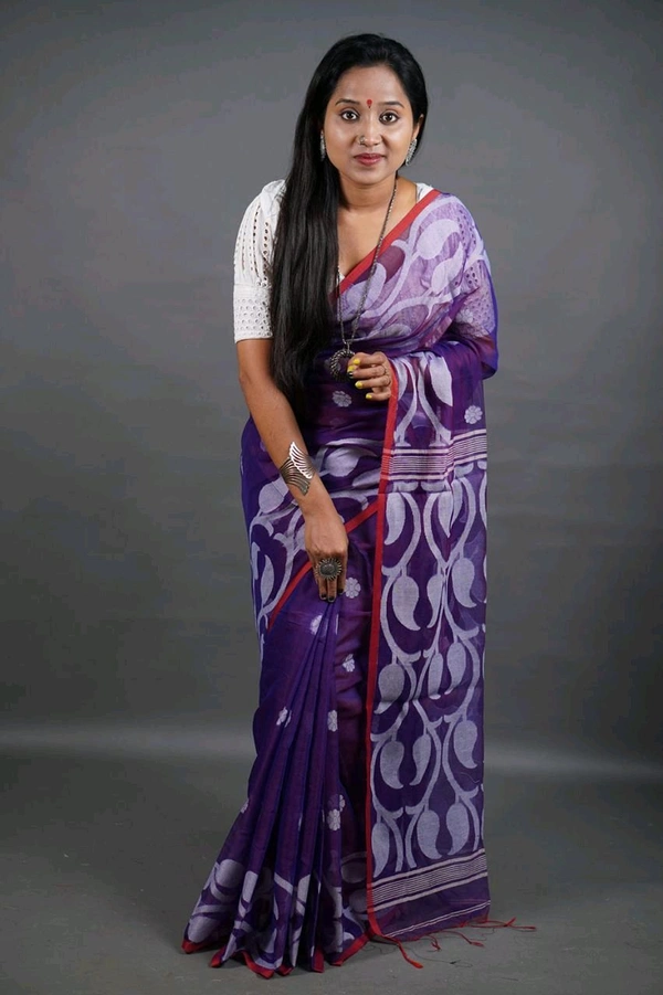 Jamdani Work Cotton Blend Saree  - Purple