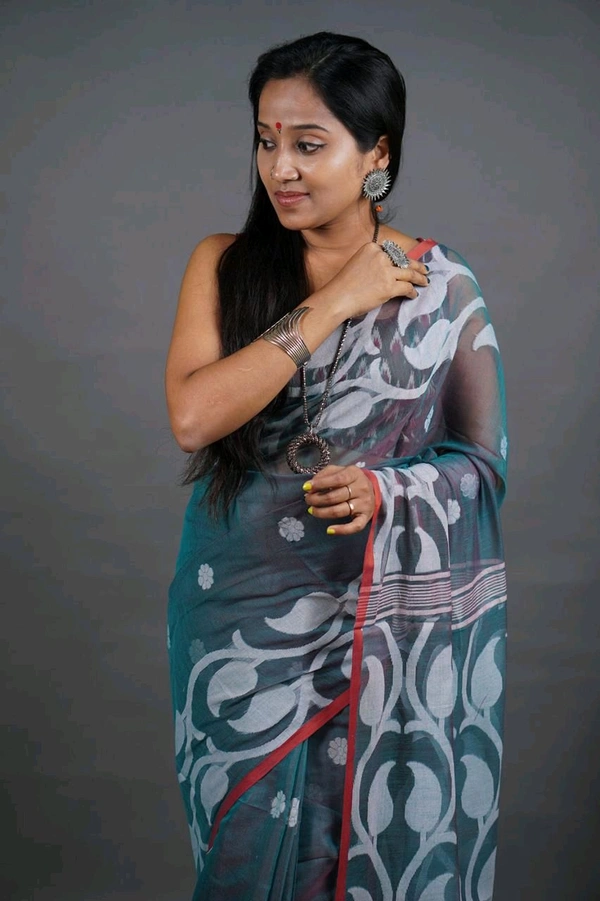 Jamdani Work Cotton Blend Saree  - Teal