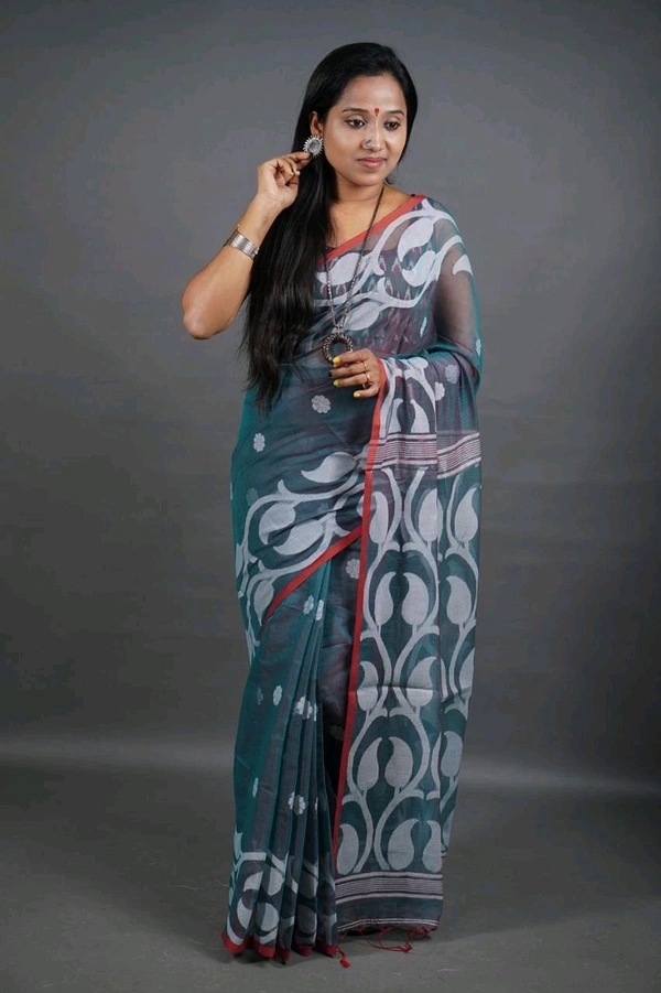 Jamdani Work Cotton Blend Saree  - Teal