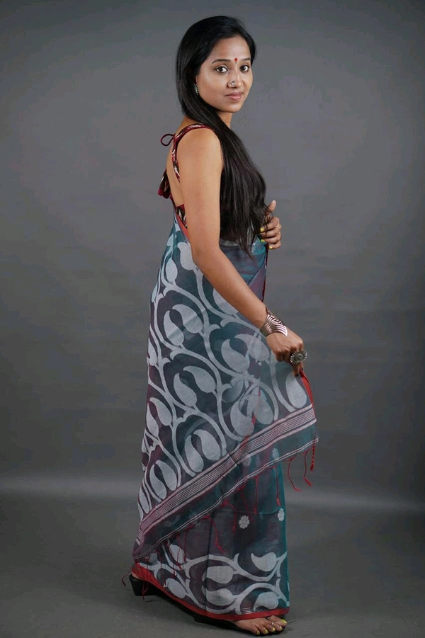 Jamdani Work Cotton Blend Saree  - Teal