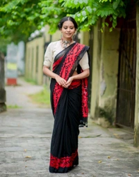 Karat Border Mul Cotton Saree  - Black