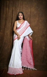 Woven Red White Cotton Saree - White & Red