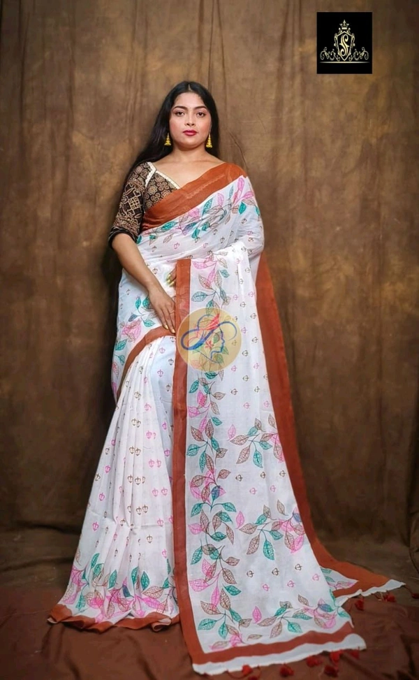 Solid Border Mul Cotton Printed Saree - Brown