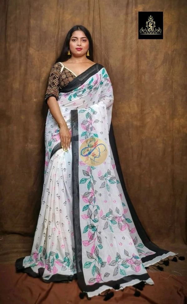 Solid Border Mul Cotton Printed Saree - Black