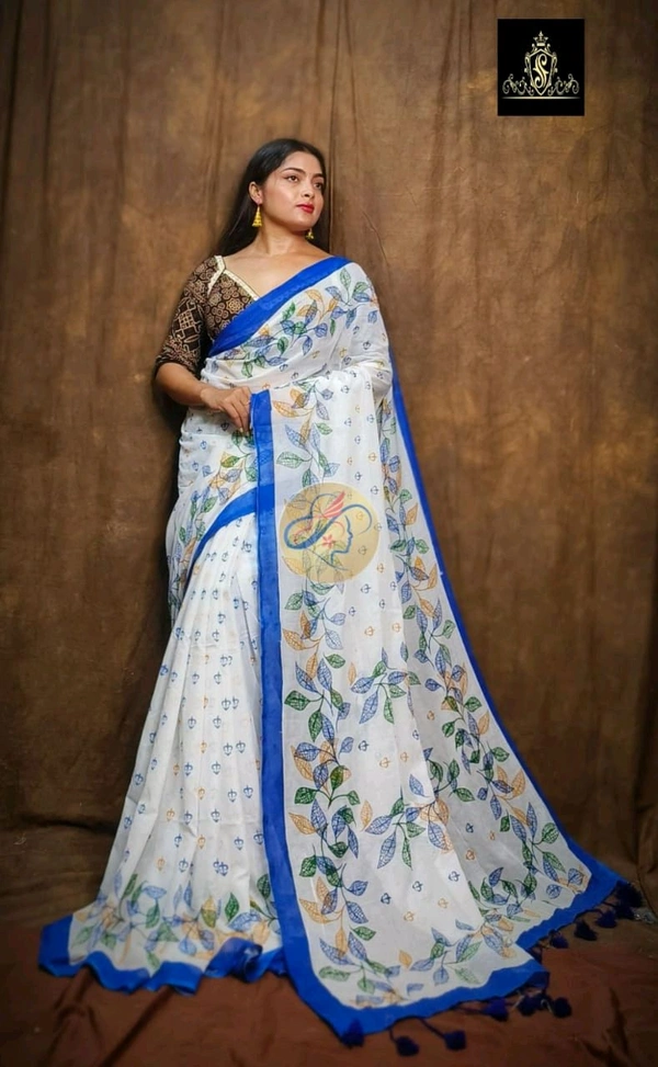 Solid Border Mul Cotton Printed Saree - Blue