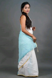 Golden Border Contrast Pallu Saree - White & Sky Blue