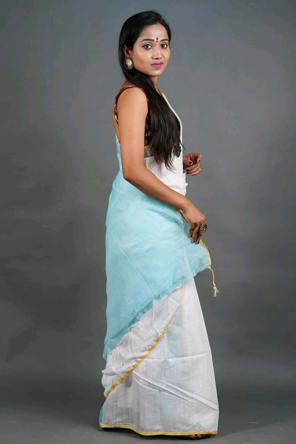 Golden Border Contrast Pallu Saree - White & Sky Blue