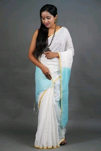 Golden Border Contrast Pallu Saree - White & Sky Blue