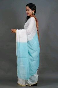 Golden Border Contrast Pallu Saree - White & Sky Blue