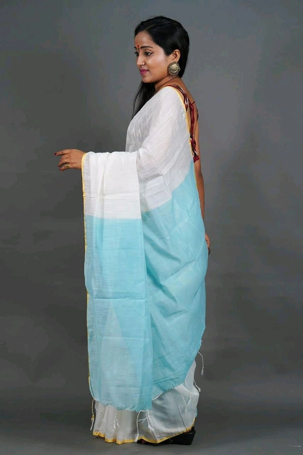 Golden Border Contrast Pallu Saree - White & Sky Blue