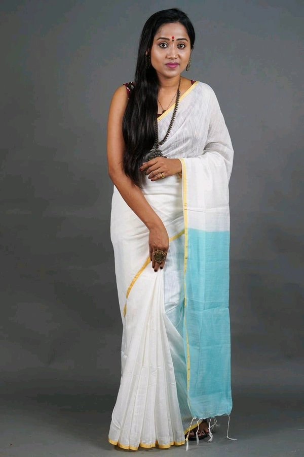 Golden Border Contrast Pallu Saree - White & Sky Blue
