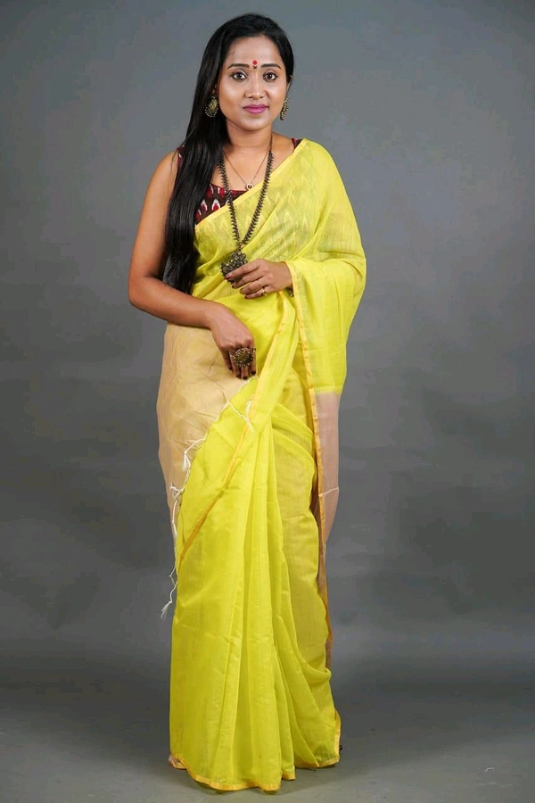 Golden Border Contrast Pallu Saree - Yellow
