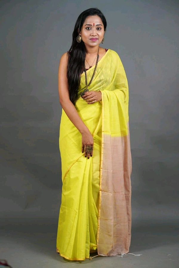 Golden Border Contrast Pallu Saree - Yellow