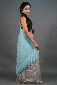 Golden Border Contrast Pallu Saree - Silver & Sky Blue