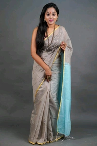 Golden Border Contrast Pallu Saree - Silver & Sky Blue