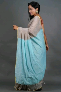 Golden Border Contrast Pallu Saree - Silver & Sky Blue