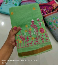 Golden Border Floral Embroidered Saree - Mint Green