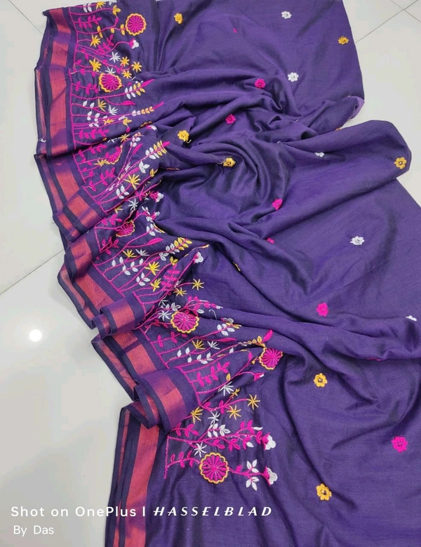 Golden Border Floral Embroidered Saree - Purple